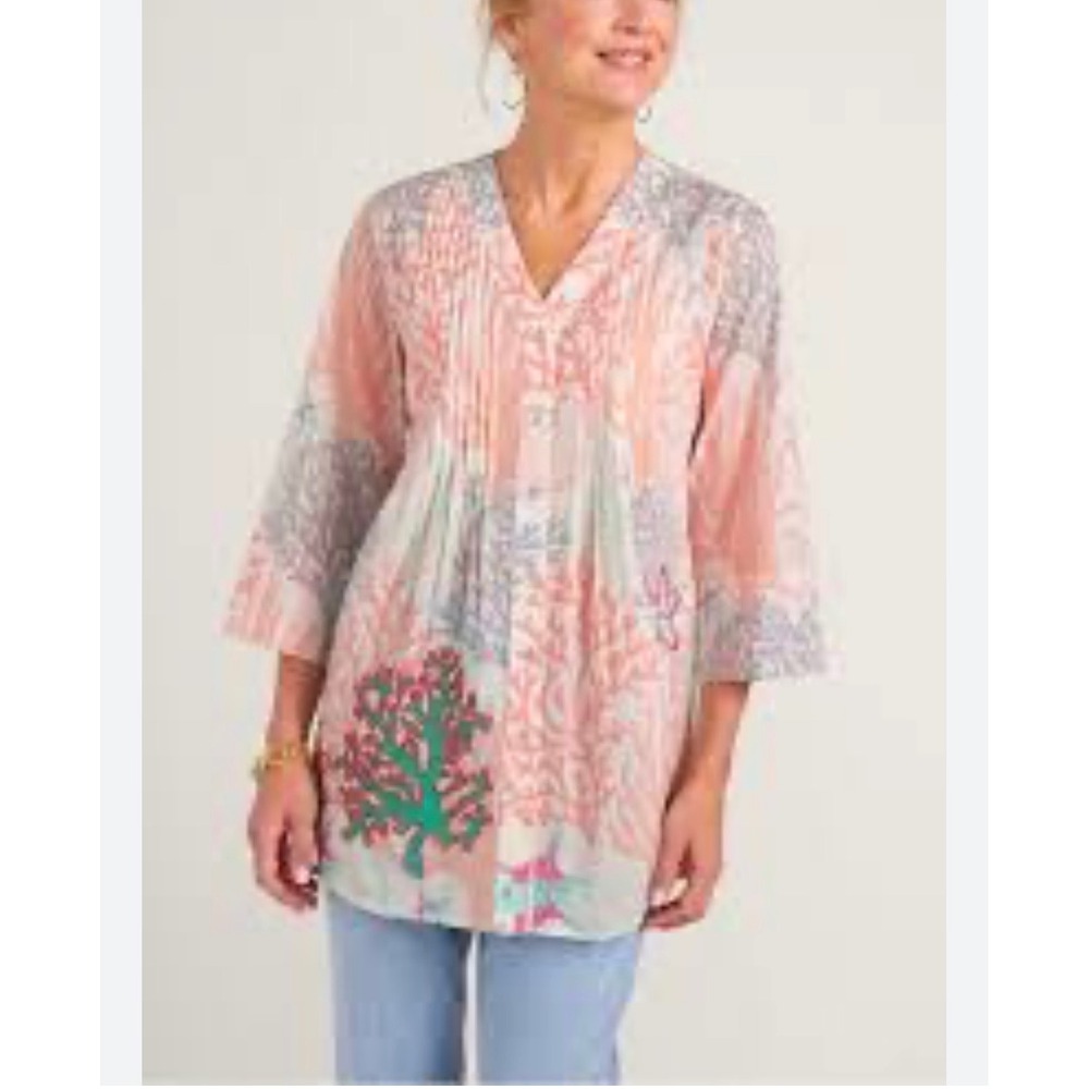 Soft Surroundings Coral Reef Embroidered Pink Teal Cotton Tunic Top Size XS